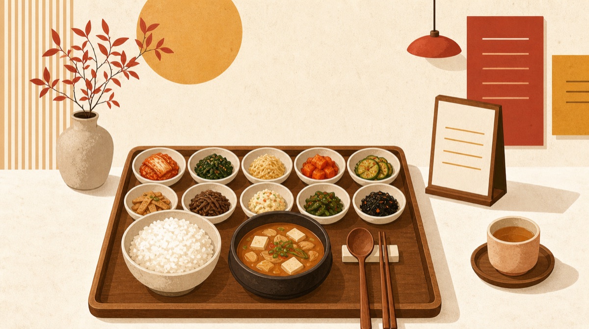 쟁반 위에 열 가지 반찬과 밥, 찌개, 수저가 놓이고 옆에 차 한 잔이 있는 백반 상차림 삽화