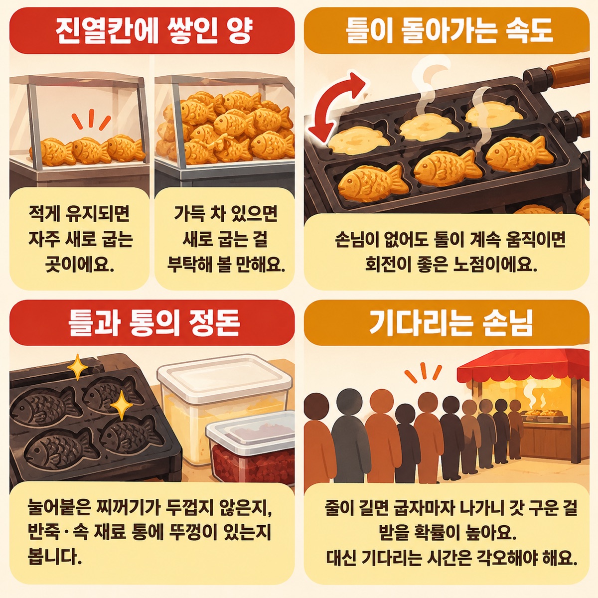 진열칸에 쌓인 양, 틀이 돌아가는 속도, 틀과 통의 정돈, 기다리는 손님 — 붕어빵 노점 앞에서 볼 네 가지 신호를 그림과 짧은 설명으로 나눈 4칸 도식