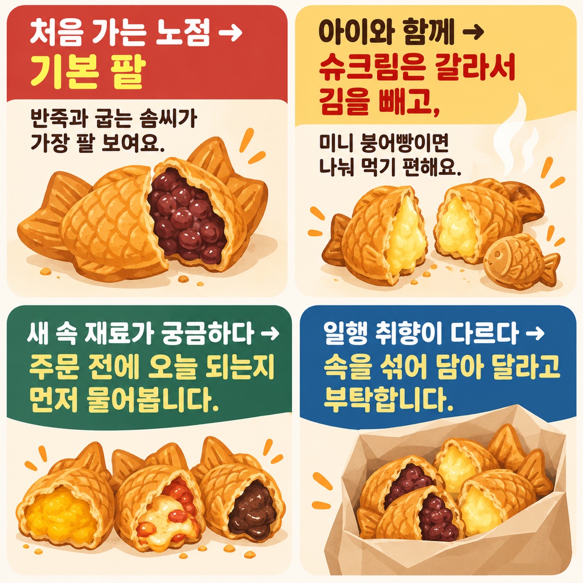 처음 가는 노점은 기본 팥, 아이와 함께면 슈크림을 갈라 김 빼기, 새 속 재료는 주문 전 확인, 일행 취향이 다르면 섞어 담기 — 상황별 속 재료 고르기 4칸 안내