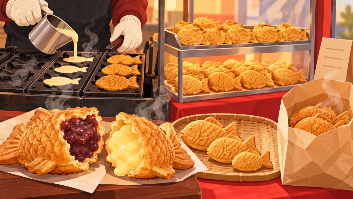 붕어빵 틀에 반죽을 붓는 손과 진열칸에 쌓인 붕어빵, 앞쪽에 반으로 가른 팥·슈크림 붕어빵과 김이 나는 종이봉투가 놓인 노점 삽화