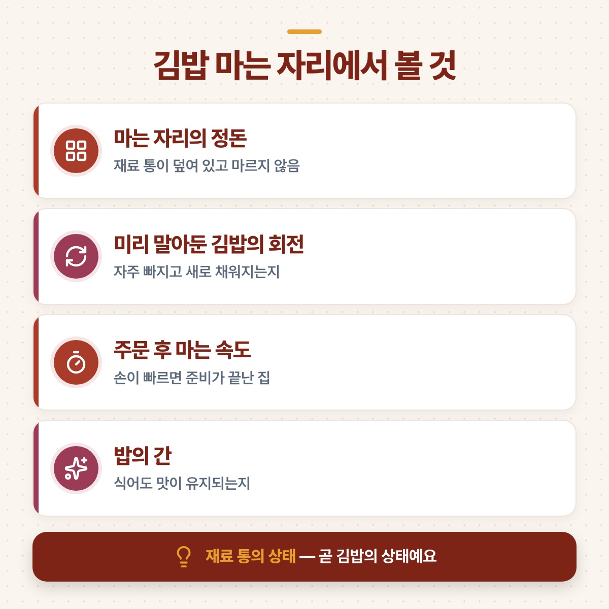 마는 자리의 정돈, 미리 말아둔 김밥의 회전, 마는 속도, 밥의 간 등 김밥 마는 자리에서 볼 네 가지 도식