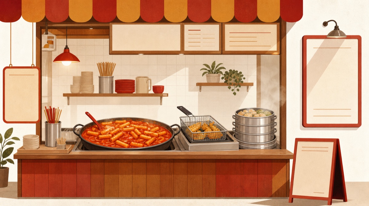 줄무늬 차양 아래 떡볶이 팬과 튀김 바구니, 김이 나는 찜기가 놓인 분식 가게 조리대를 그린 삽화