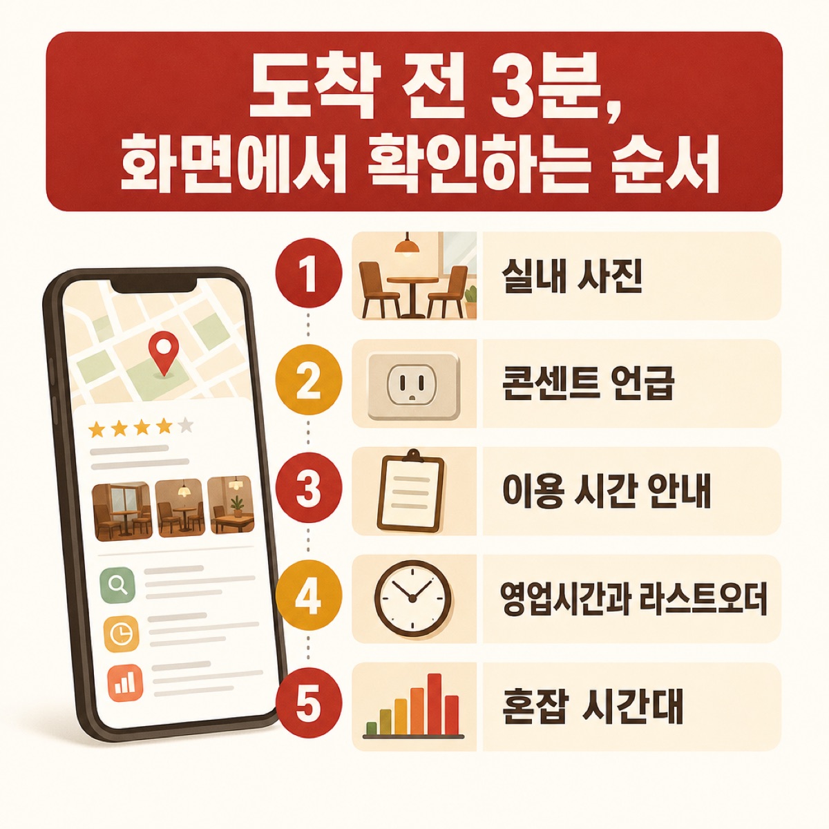 스마트폰 지도 화면 옆에 실내 모습, 콘센트, 이용 시간 안내, 영업시간, 혼잡 시간대 다섯 단계를 번호로 나열한 도식