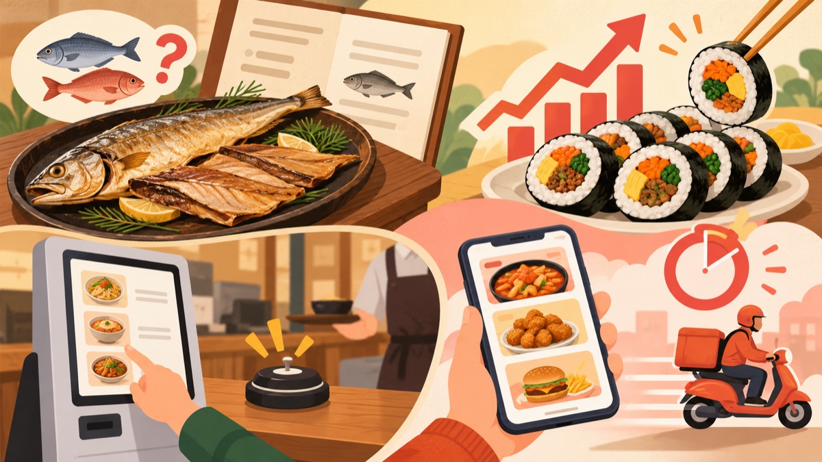 구운 생선 접시와 두 생선을 견주는 물음표, 김밥 접시 위 오름 화살표, 키오스크 옆 호출벨, 휴대폰 배달 화면과 타이머·배달 스쿠터를 한 장에 모은 삽화