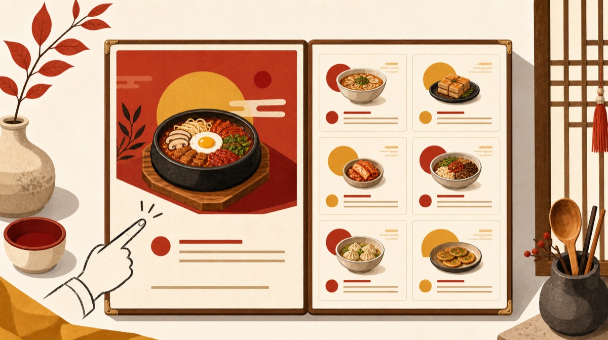 펼친 메뉴판의 왼쪽에 큰 뚝배기 요리 그림, 오른쪽에 작은 요리 여섯 칸이 있고 손가락이 가리키는 삽화