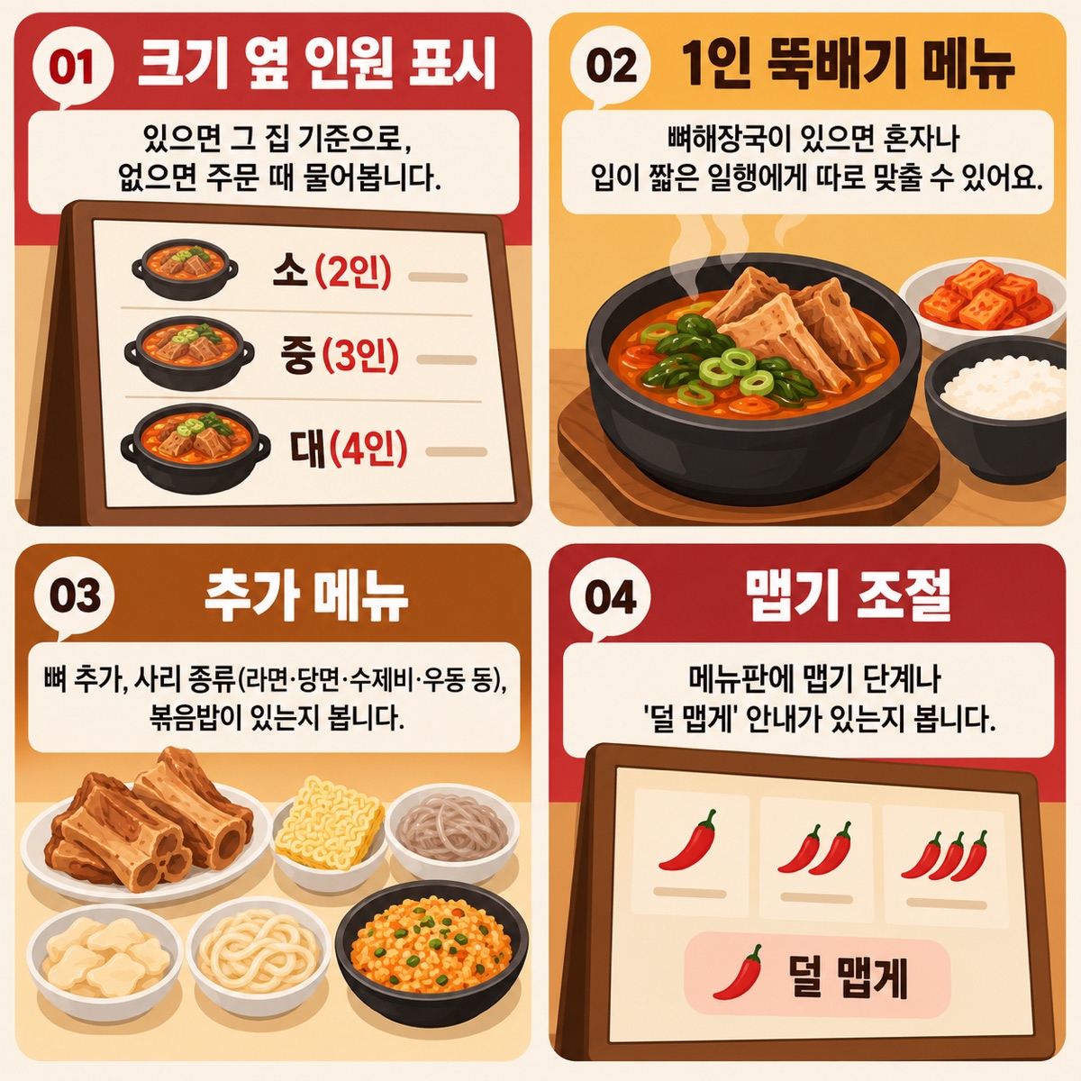 크기 옆 인원 표시, 1인 뚝배기 메뉴, 뼈·사리·볶음밥 추가 메뉴, 맵기 조절까지 감자탕 메뉴판에서 먼저 볼 네 가지를 칸으로 나눈 그림