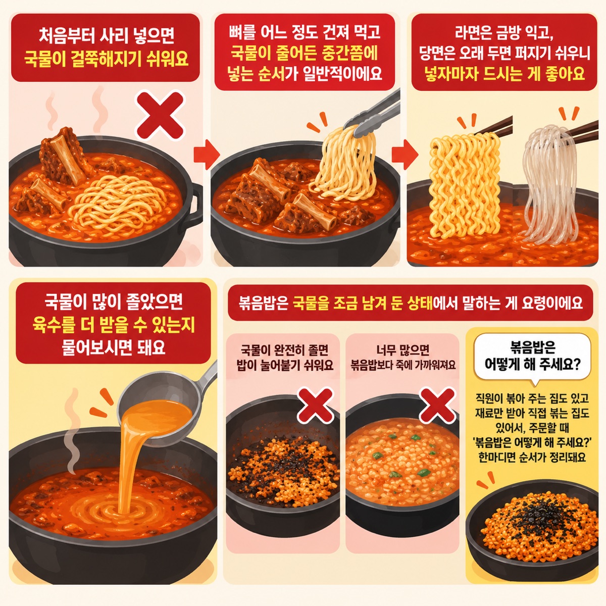처음부터 사리를 넣는 대신 국물이 줄어든 중간에 넣고, 볶음밥은 국물을 조금 남긴 상태에서 말하는 감자탕 먹는 순서를 단계별로 보여 주는 그림