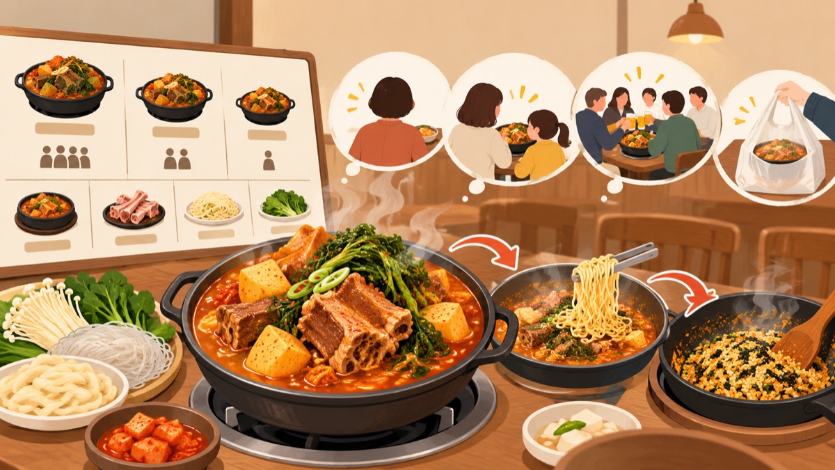 가스버너 위 감자탕 냄비 옆으로 사리를 넣은 냄비와 볶음밥 팬이 화살표로 이어지고, 뒤에 크기별 메뉴판과 혼자·아이·회식·포장 장면이 떠 있는 삽화