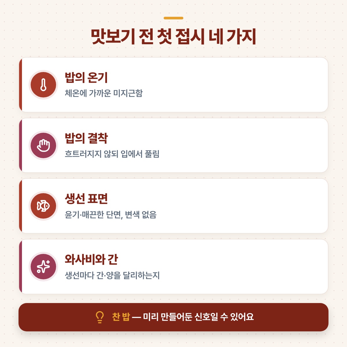 맛보기 전 첫 접시에서 밥의 온기와 결착, 생선 표면, 와사비와 간을 살피는 네 가지를 정리한 도식
