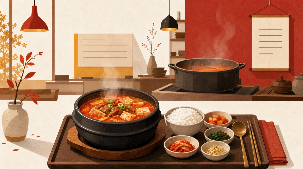 김이 오르는 뚝배기 국밥과 밥, 김치·나물 반찬이 쟁반에 차려지고 뒤에 큰 솥이 끓는 국밥집 삽화