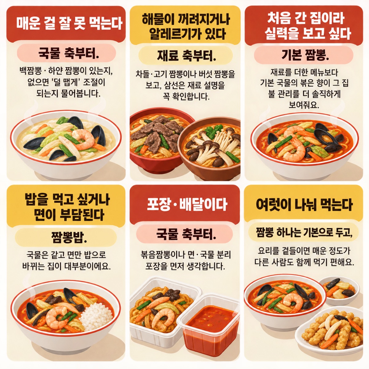 매운 걸 못 먹음·해물 꺼림·처음 간 집·밥 원함·포장 배달·여럿이 나눔, 여섯 상황마다 먼저 볼 짬뽕 축을 짝지은 안내 카드