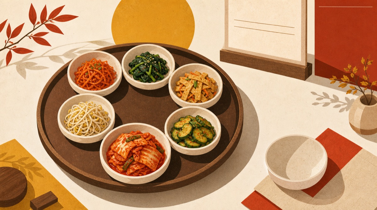 둥근 쟁반 위 흰 그릇에 김치, 시금치, 콩나물, 오이무침 등 여섯 가지 밑반찬이 담긴 삽화