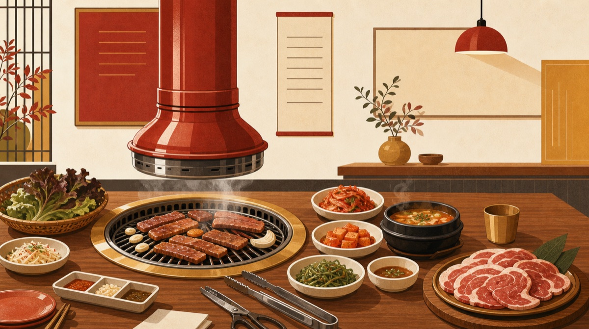 배기 후드 아래 불판에 고기가 구워지고 반찬과 찌개, 생고기 접시가 차려진 고깃집 상차림 삽화