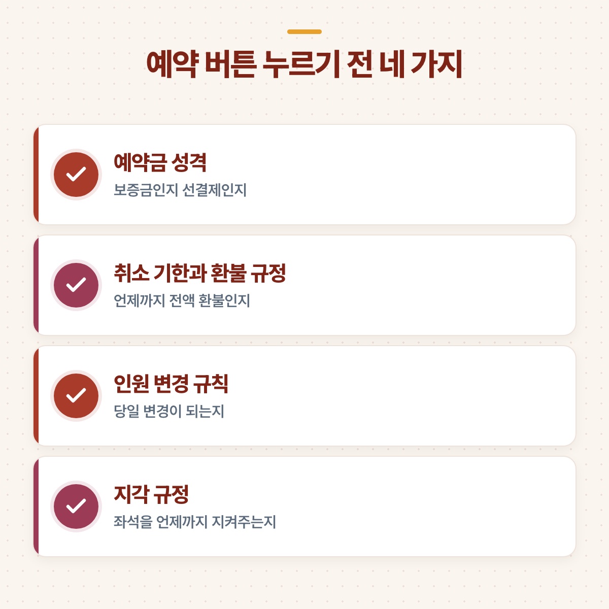 예약금 성격, 취소 기한과 환불 규정, 인원 변경 규칙, 지각 규정 등 예약 전 확인할 네 가지 도식