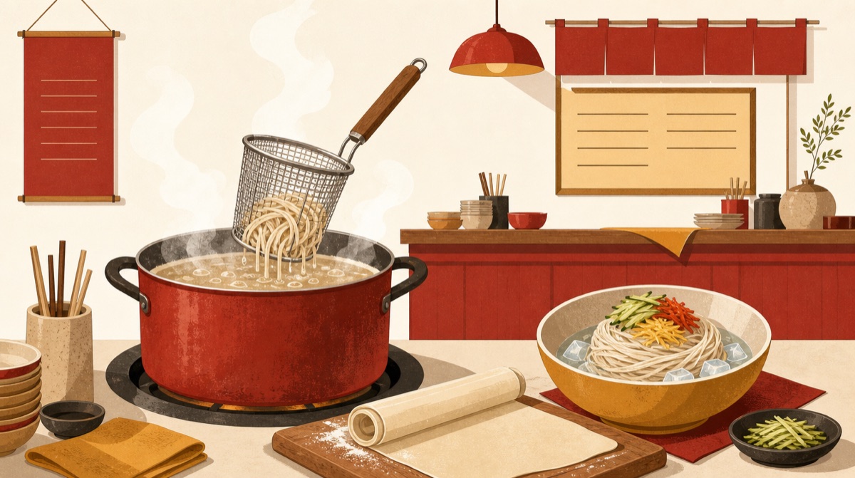 끓는 솥에서 면을 건져 올리는 체와 밀대로 민 반죽, 얼음 띄운 냉면 그릇이 함께 놓인 면 요리 주방 삽화