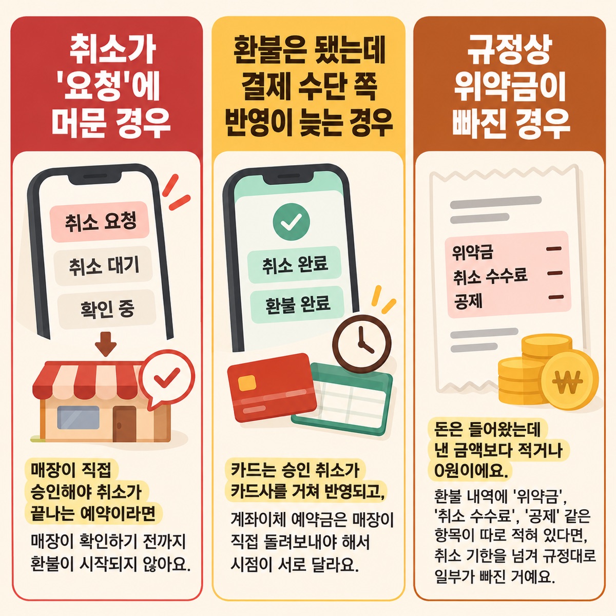 취소가 요청에 머문 경우, 환불은 됐는데 결제 수단 반영이 늦는 경우, 규정상 위약금이 빠진 경우를 휴대폰 상태 글자·카드·공제 내역으로 나눠 보여 주는 세 칸 도식