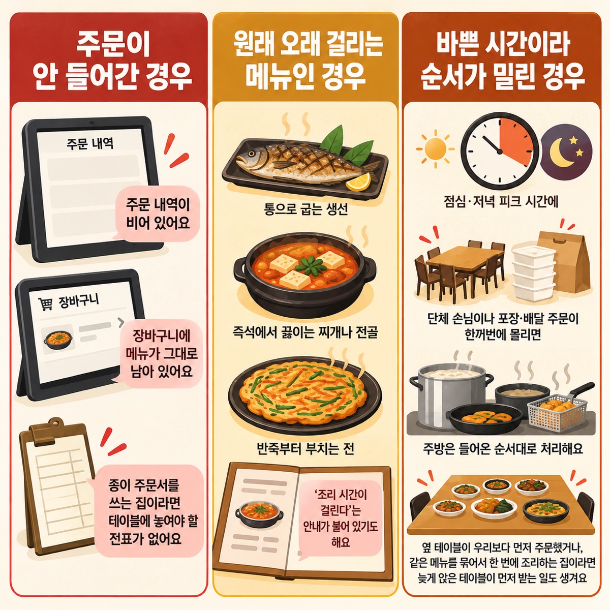 주문이 안 들어간 경우(빈 주문 내역·장바구니·전표 없음), 오래 걸리는 메뉴(생선구이·찌개·전), 피크 시간에 순서가 밀린 경우를 세 칸으로 나눈 그림