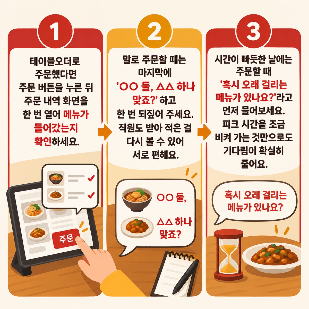주문 뒤 주문 내역 열어 보기, 말로 주문하면 메뉴와 수량 되짚기, 바쁜 날 오래 걸리는 메뉴 먼저 묻기를 1·2·3 번호로 보여 주는 세 칸 그림
