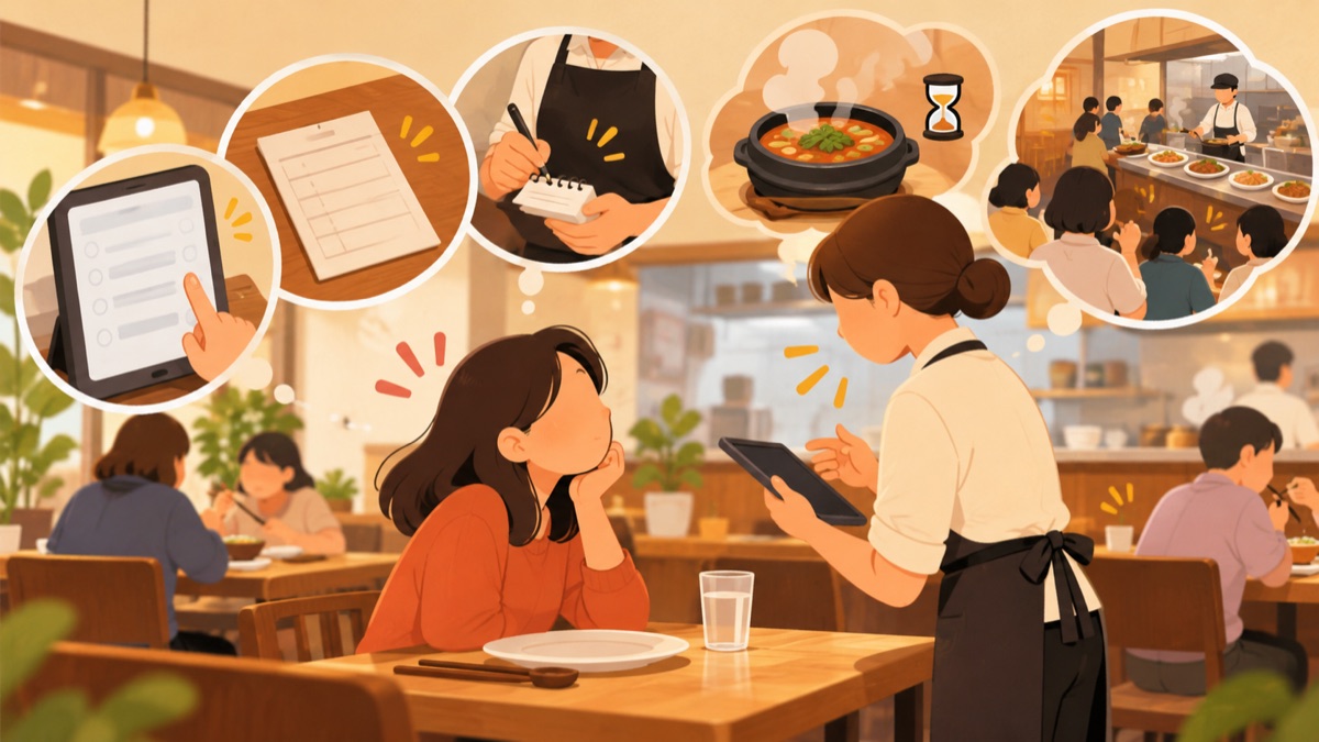 빈 접시 앞에서 턱을 괴고 기다리는 손님과 태블릿을 든 직원 위로 주문 화면·전표·끓는 뚝배기·붐비는 주방 장면이 말풍선처럼 떠 있는 식당 삽화