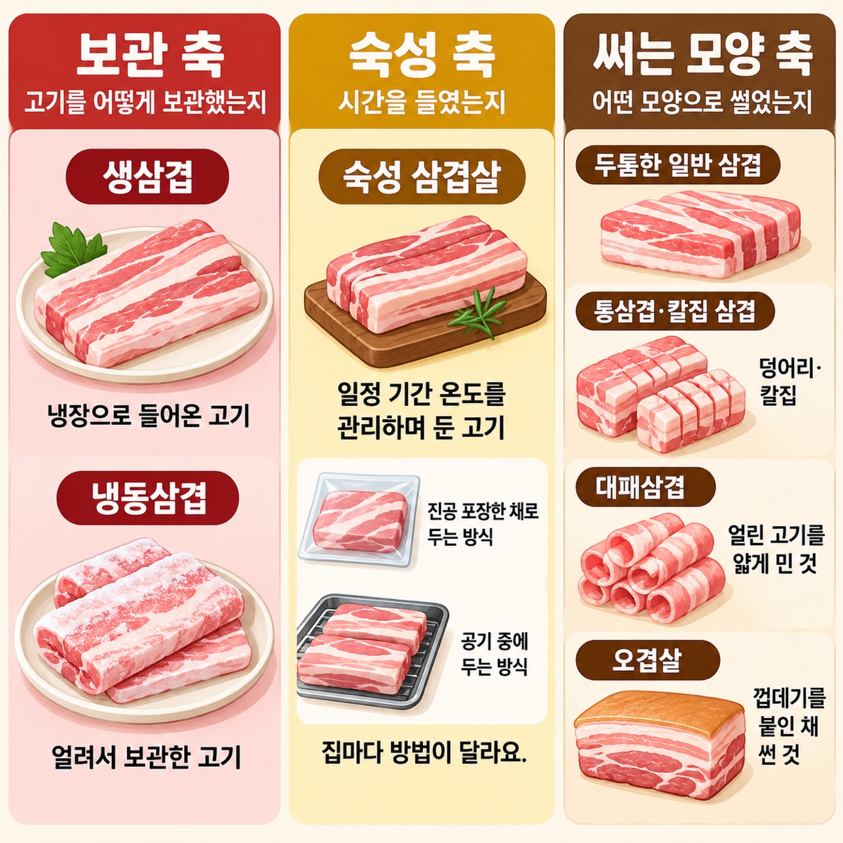 보관(생삼겹·냉동삼겹), 숙성(진공 포장·공기 중), 써는 모양(두툼·통삼겹·대패·오겹살) 세 갈래로 삼겹살 이름을 나눈 분류 도식