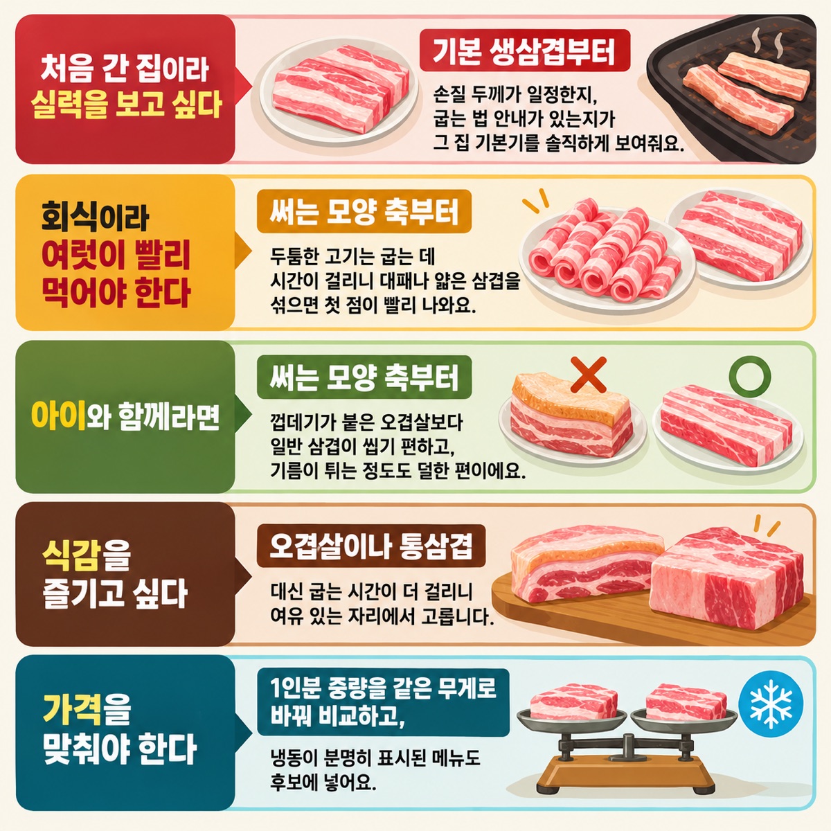 처음 간 집·회식·아이 동반·식감·가격 맞추기, 다섯 상황마다 먼저 고를 삼겹살을 고기 그림과 짝지은 안내 카드