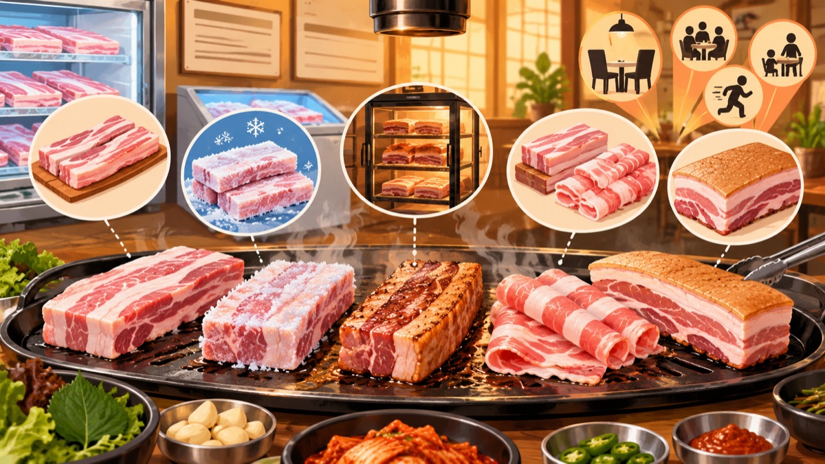 불판 위에 생삼겹, 서리 낀 냉동삼겹, 숙성 삼겹, 돌돌 만 대패삼겹, 껍데기 붙은 오겹살이 나란히 놓이고 각각을 확대한 원과 상황 아이콘이 둘러싼 삽화