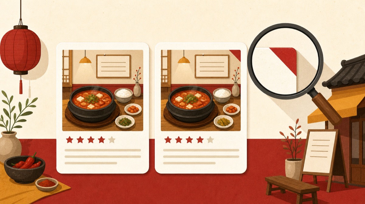 비슷한 찌개 리뷰 카드 두 장 중 한쪽 모서리의 붉은 표시를 돋보기로 확대해 살펴보는 삽화