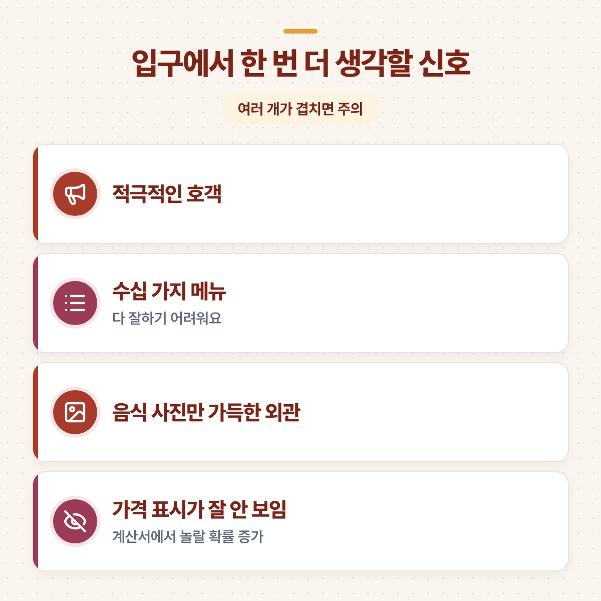 입구에서 한 번 더 생각할 신호 네 가지를 아이콘과 함께 세로 카드로 나열한 도식