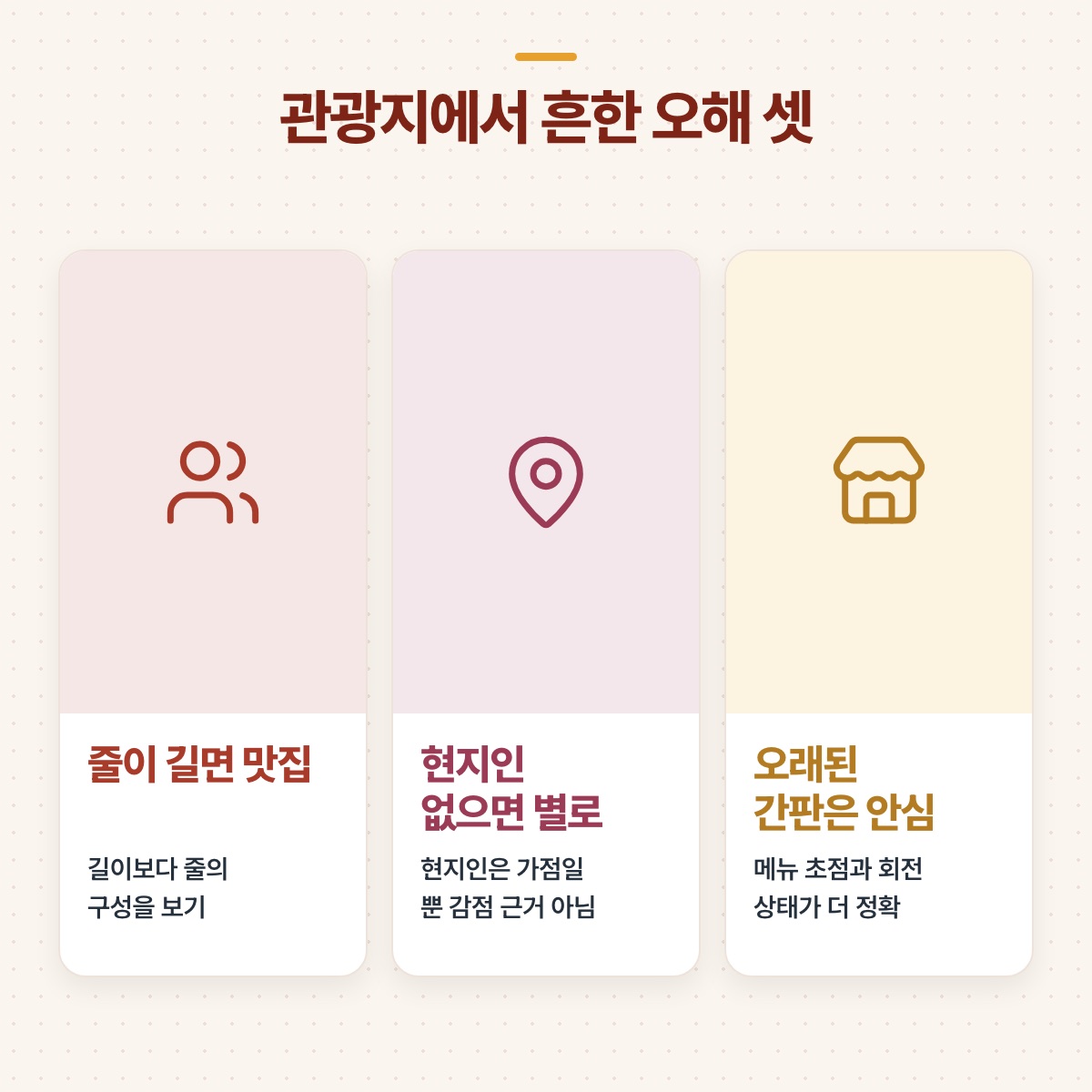 관광지 식당에 대한 흔한 오해 세 가지를 사람·위치·가게 아이콘 카드로 나눈 도식